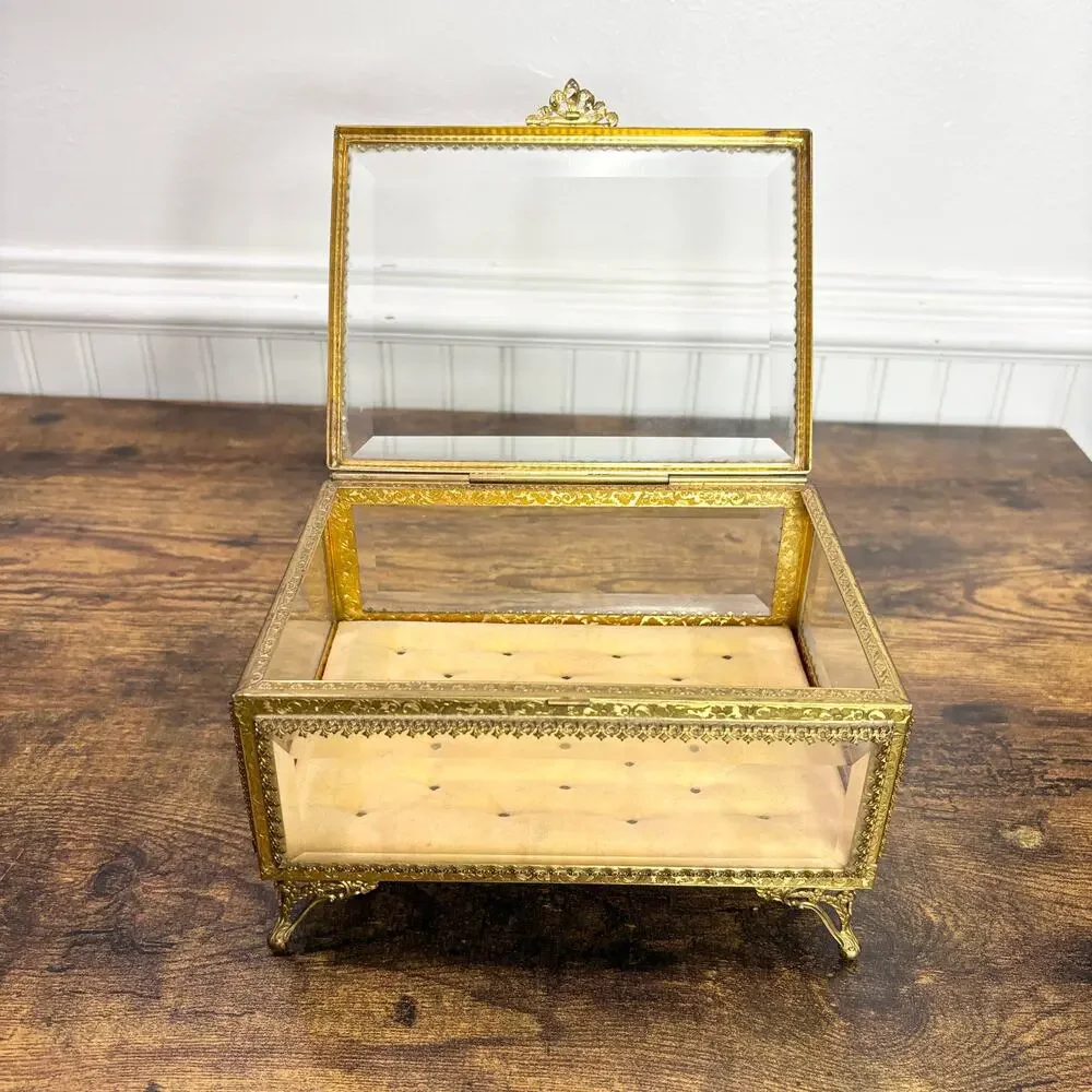 Vintage French‎ Jewelry Box Footed Casket Ormulu Filigree Beveled Glass Regency
